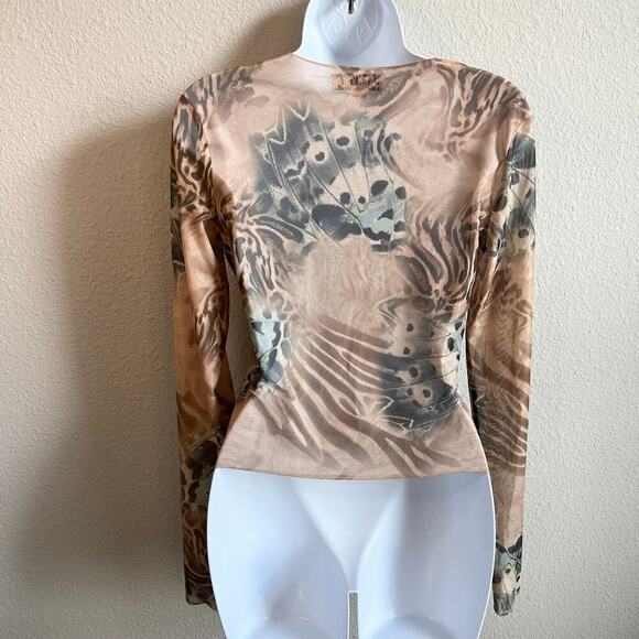 I Am Gia Izar Top Women's L Sheer Unlined Tan Butterfly Long Sleeves Raw Edges - Picture 4 of 7